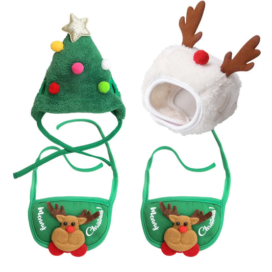 Pet Christmas Costume Xmas dog Cat Santa Elk Hat with Bandana Bib Scarf Set Cat Accessories Pet Holiday Dress Up Supplies