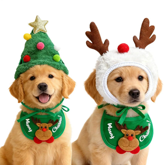 Pet Christmas Costume Xmas dog Cat Santa Elk Hat with Bandana Bib Scarf Set Cat Accessories Pet Holiday Dress Up Supplies
