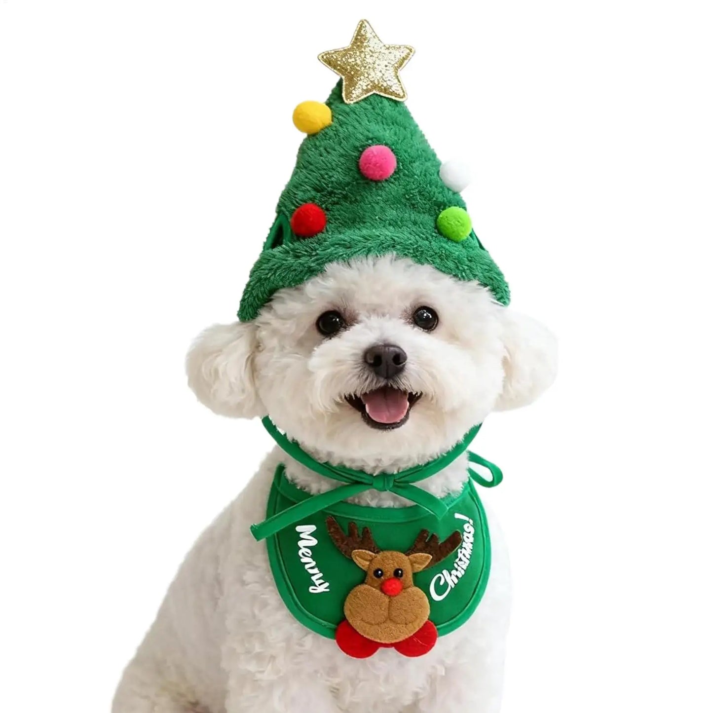 Pet Christmas Costume Xmas dog Cat Santa Elk Hat with Bandana Bib Scarf Set Cat Accessories Pet Holiday Dress Up Supplies