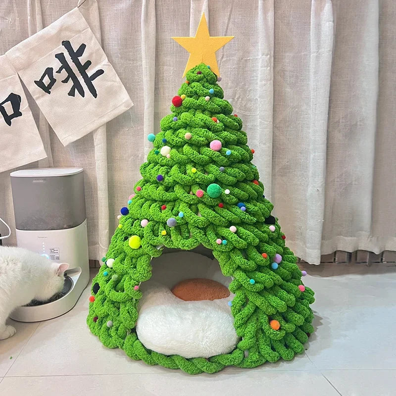 Christmas Tree Cat Bed DIY Yarn Tools Package Homemade Puppy Nest for Autumn Winter Warmth Four Seasons Universal Pet Suppplies