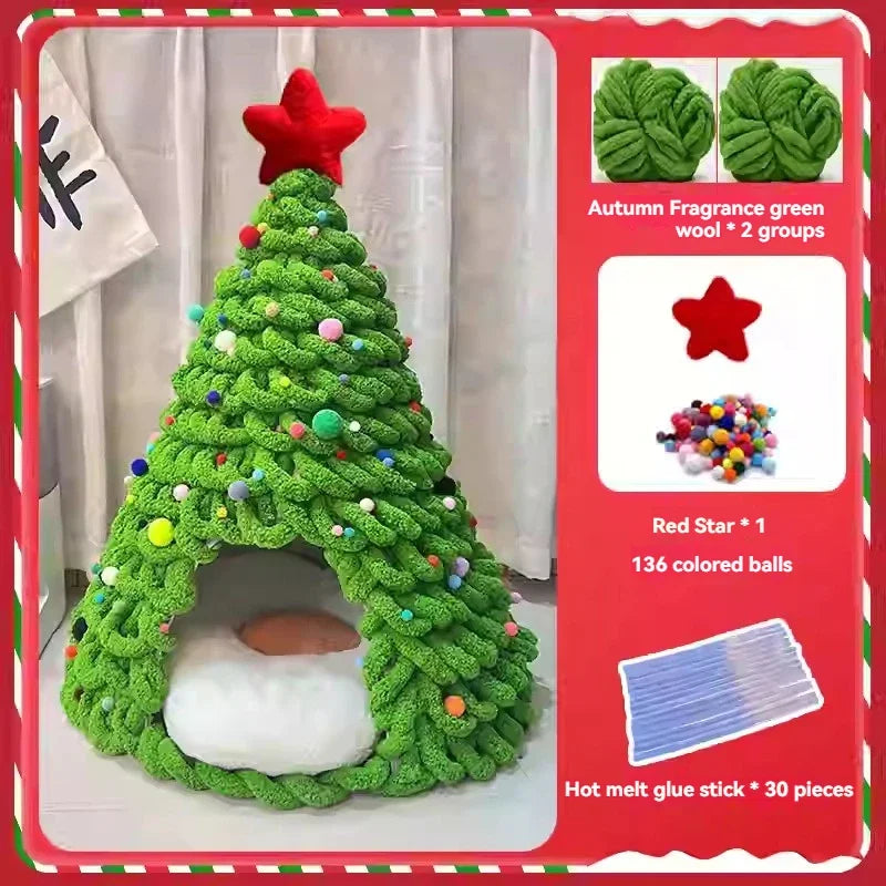 Christmas Tree Cat Bed DIY Yarn Tools Package Homemade Puppy Nest for Autumn Winter Warmth Four Seasons Universal Pet Suppplies