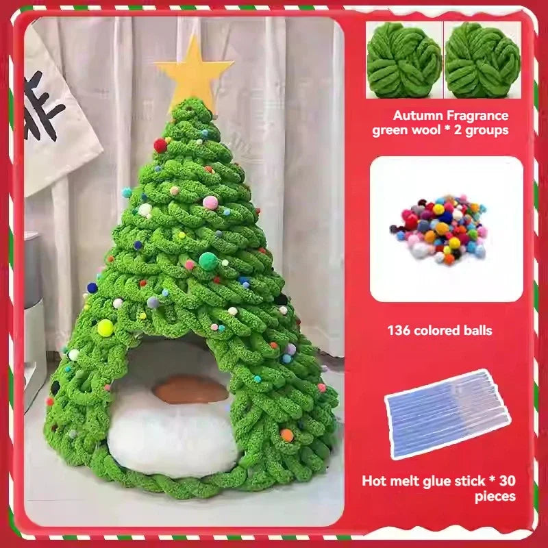 Christmas Tree Cat Bed DIY Yarn Tools Package Homemade Puppy Nest for Autumn Winter Warmth Four Seasons Universal Pet Suppplies