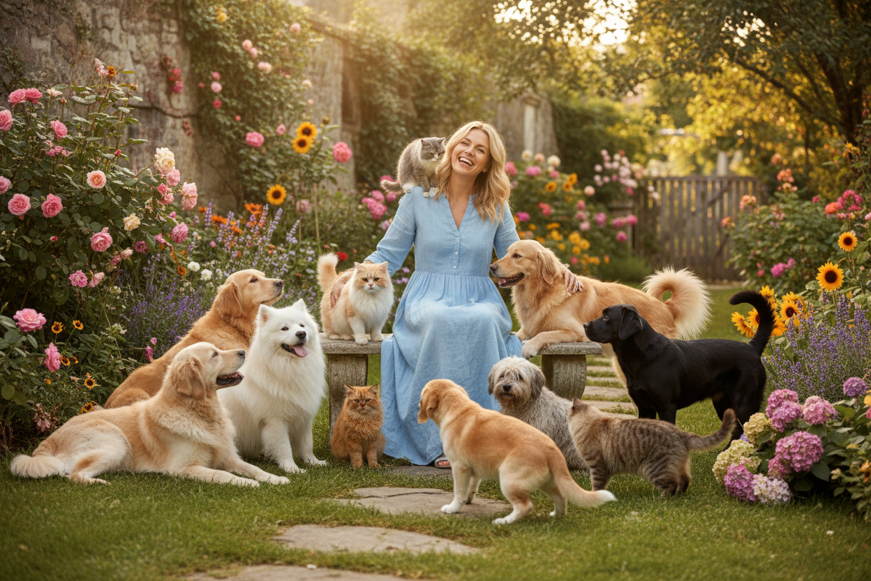 image realiste d'une femme avec des chiens et des chats dans un jardin tous heureux 