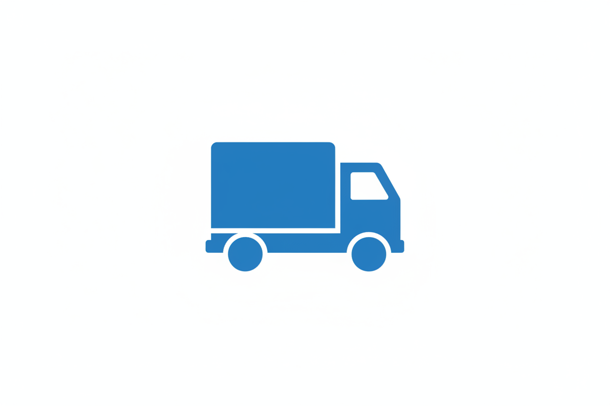 minimalist flat icon of a delivery truck, blue color, clean, simple, vector style, white background