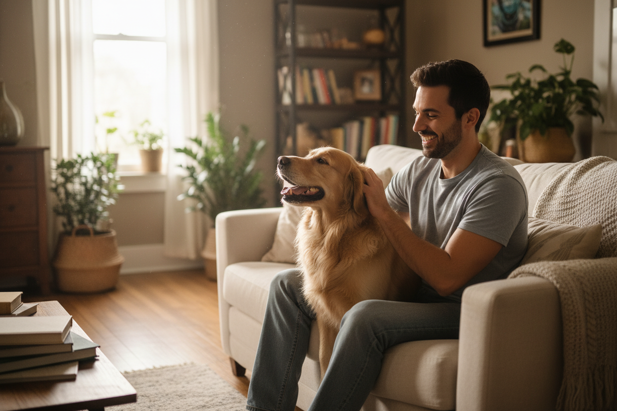 smiling man in casual clothes at home whit his dog, natural lighting, realistic photo