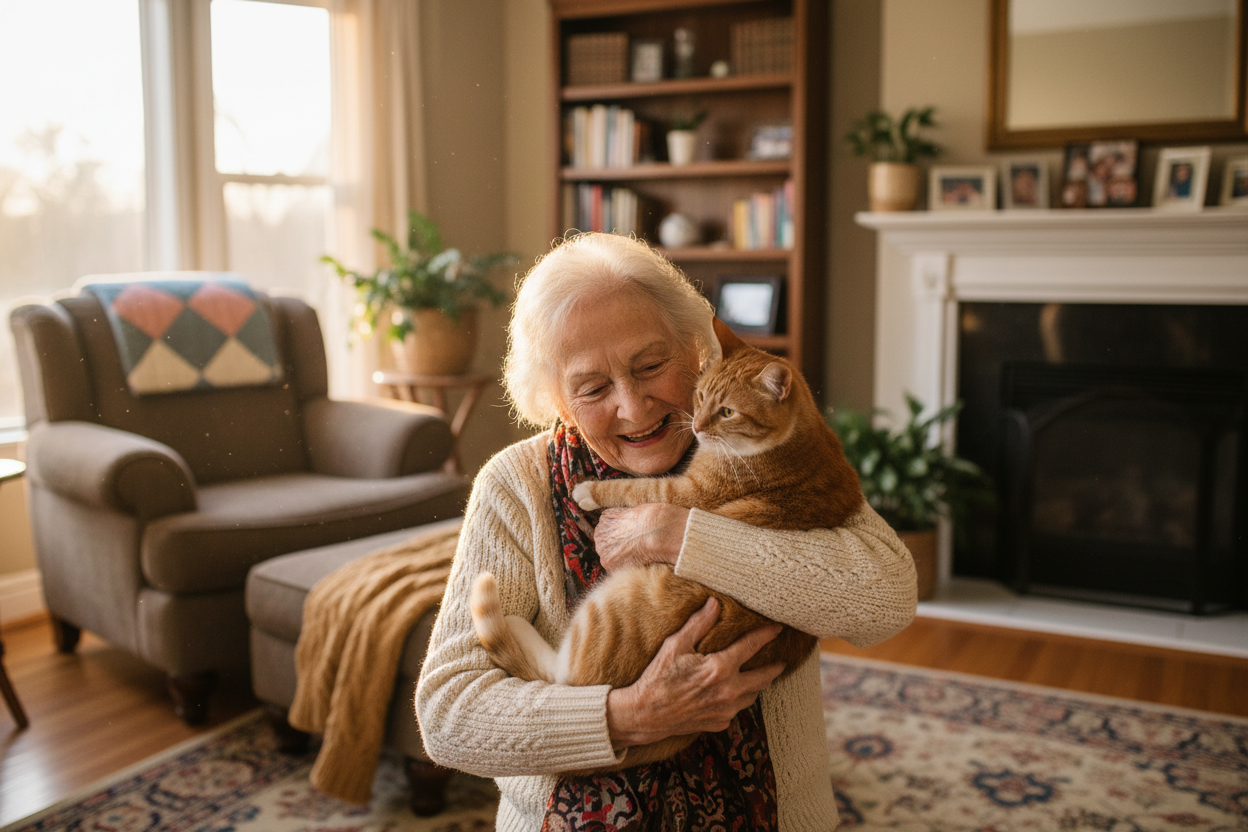 smiling older woman holding a cat in warm cozy home, soft lighting, realistic photo