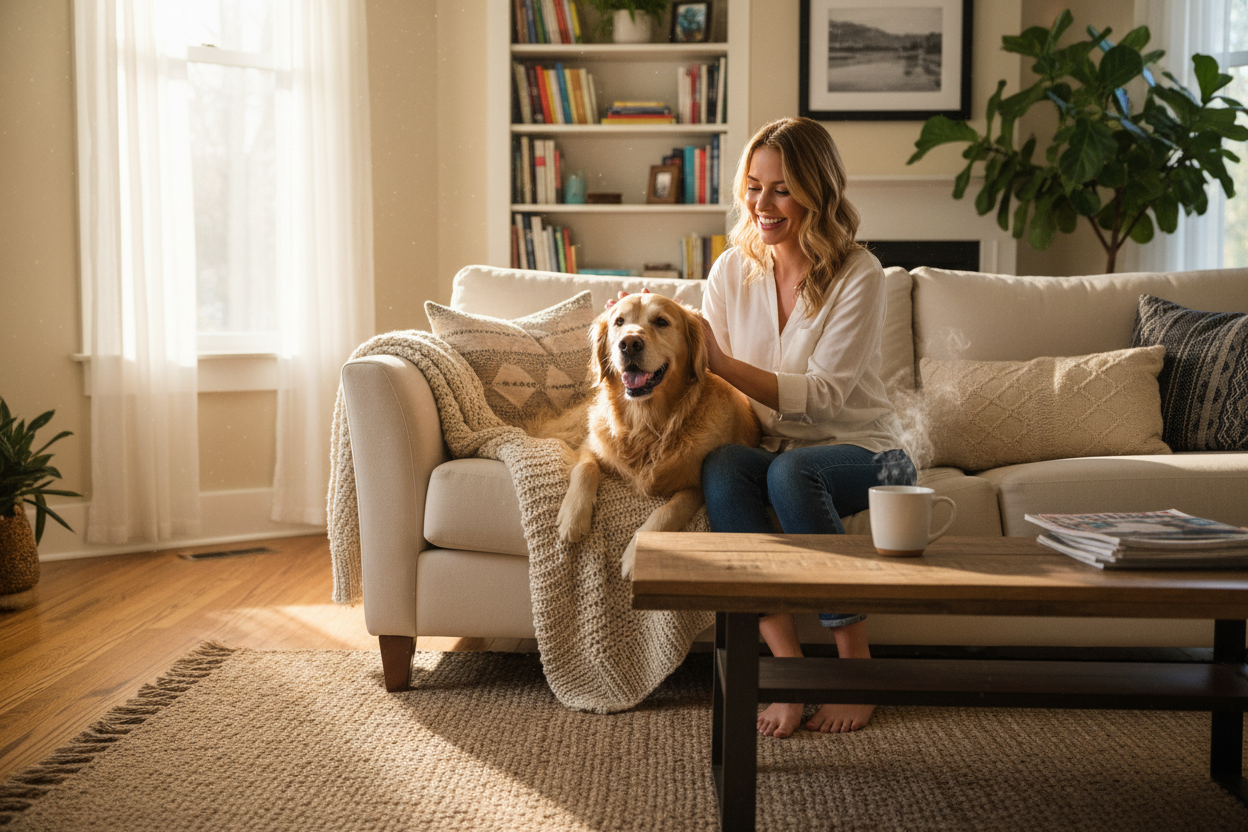 Smiling woman sitting on a sofa with her dog, warm natural light, cozy home setting, realistic photo